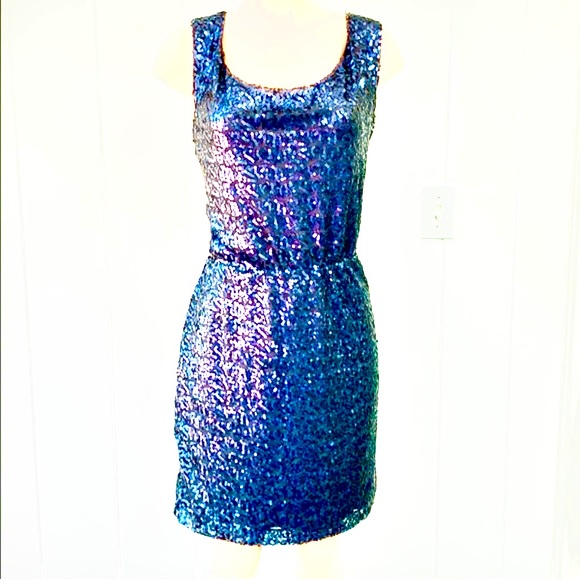 🍓Calvin Klein Mini Sequined Blue T-shirt lined Dress Sleeveless Elastic Waist S - Picture 2 of 13